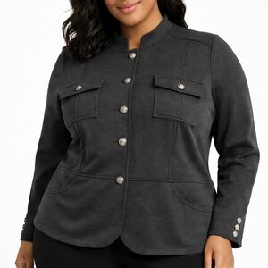INC Military Jacket 3X Plus Charcoal Gray Ponte Knit Blazer Stretch Structured